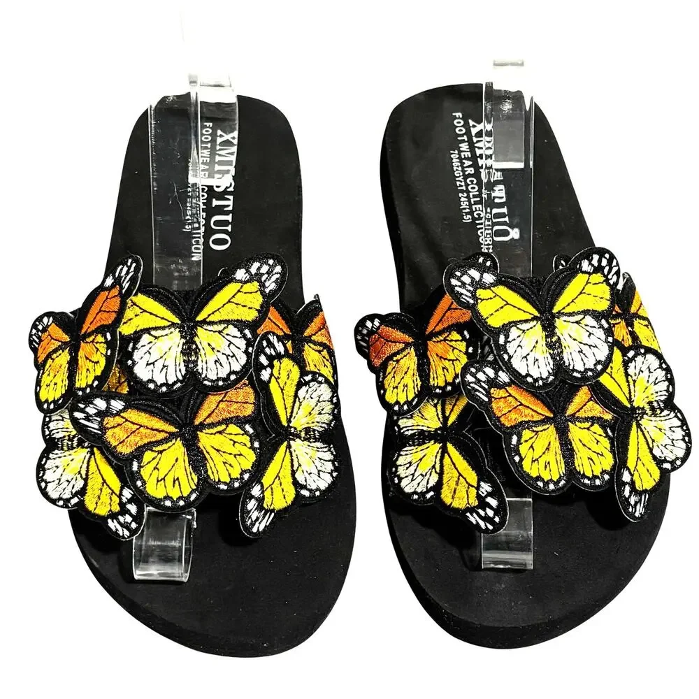 XMistuo Butterfly Embellished flip flop slide sandals black orange yellow shoes
